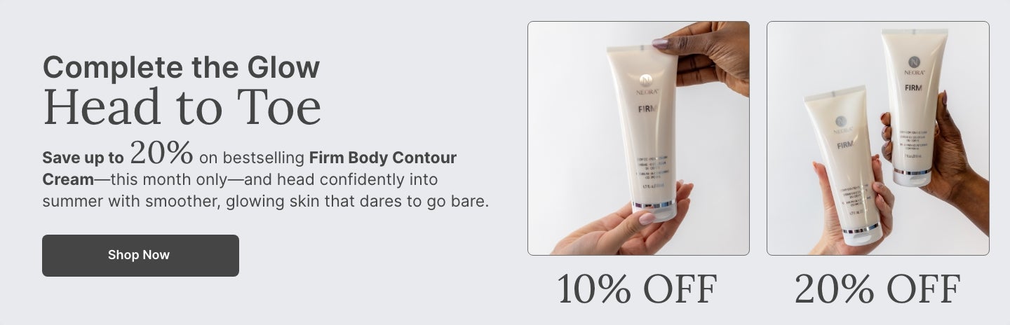 Show now and save up to 20% on Firm Body Contour Cream—this month only! Featured are people holding bottles of Firm Body Contour Cream.
